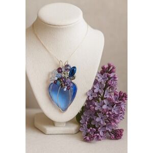 Blue Crystal Heart‎ Pendant Charm Necklace Handmade Jewelry Gift